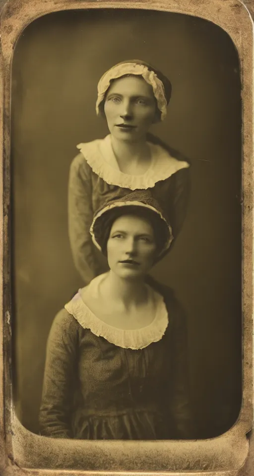 Prompt: a wet plate photograph, a portrait of a beautiful woman wearing a bonnet