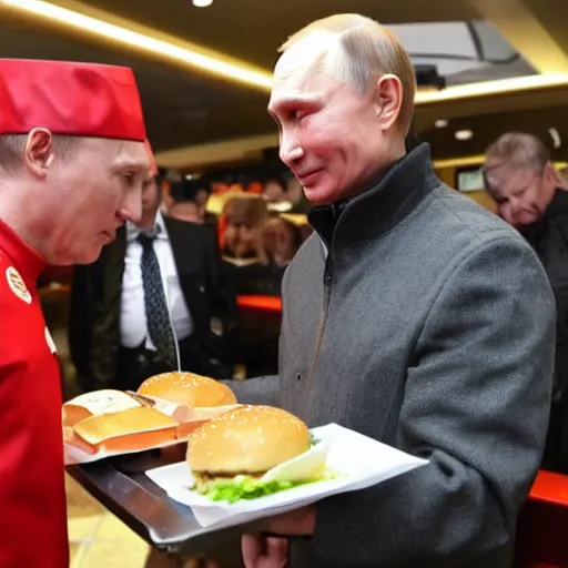 Image similar to Putin serving burgers at McDonalds