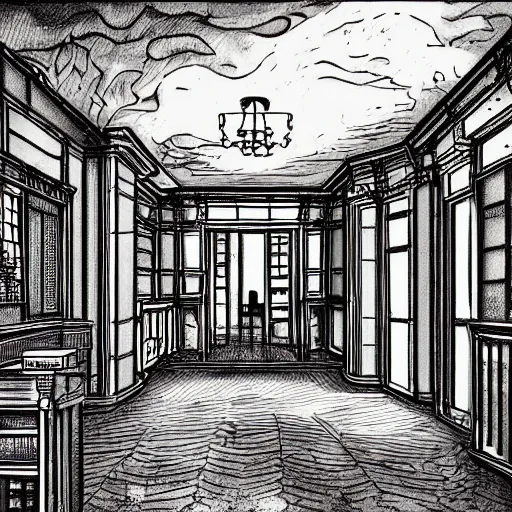 Image similar to dark shop interior illustration in style of mansion of madness by John Pacer