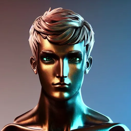 Image similar to “a realistic detailed photo of a guy who is an attractive humanoid who is half robot and half humanoid, who is a male android, twitch streamer Ninja Tyler Blevins, shiny skin, posing like a statue, blank stare, streaming”