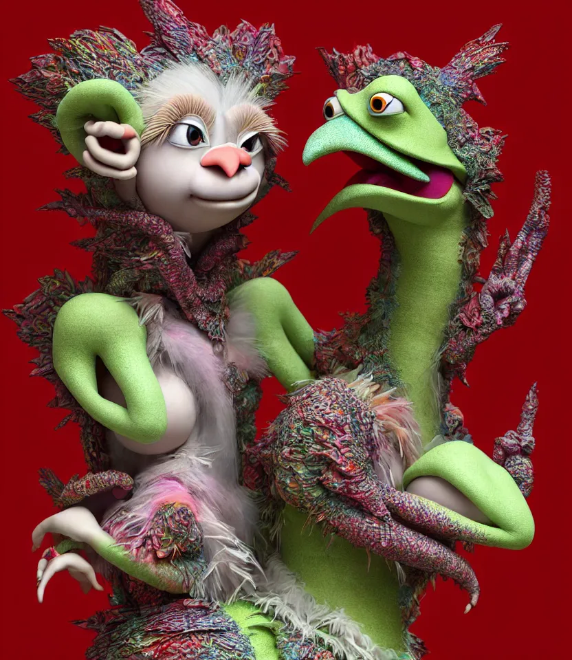 Image similar to hyper detailed 3d render like a Oil painting - kawaii portrait of hopeful lovers hugging tight or kissing pecking adorably Aurora (a beautiful girl skeksis muppet fae princess protective playful expressive acrobatic from dark crystal that looks like Anya Taylor-Joy) seen red carpet photoshoot in UVIVF posing in scaly dress to Eat of the Strangling network of yellowcake aerochrome and milky Fruit and His delicate Hands hold of gossamer polyp blossoms bring iridescent fungal flowers whose spores black the foolish stars by Jacek Yerka, Ilya Kuvshinov, Mariusz Lewandowski, Houdini algorithmic generative render, golen ratio, Abstract brush strokes, Masterpiece, Edward Hopper and James Gilleard, Zdzislaw Beksinski, Mark Ryden, Wolfgang Lettl, hints of Yayoi Kasuma and Dr. Seuss, Grant Wood, octane render, 8k