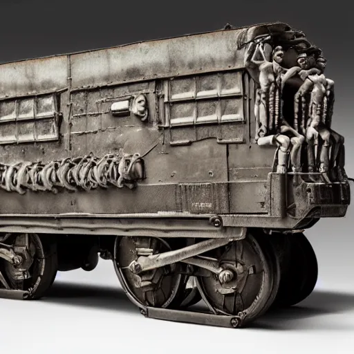 Prompt: boxcar made of human flesh and bone, highly detailed, artifact exhibit, War Photography, by H.R. Giger