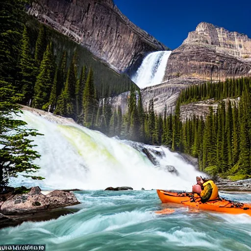 Prompt: a kayak descends Takakkaw Falls waterfall in Yoho National Park, tourism photo done in the style of National Geographic with zoom