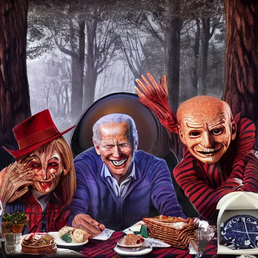 Image similar to freddy krueger, penny - wise and joe biden on a picnic, photo portrait, hyper realism, creepy, symmetry, awesome exposition, very detailed, highly accurate, professional lighting diffracted lightrays, 8 k, sense of awe