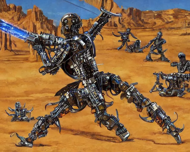 Prompt: cybernetic evil warzone bladed weapons razor projectiles humanoids goin stupid, desert scene