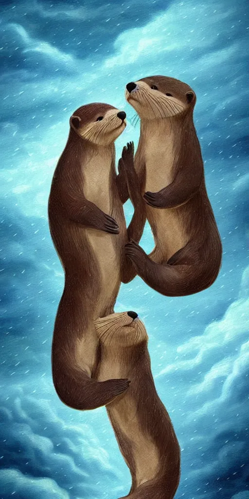 Image similar to two adorable otters falling in love holding hands side by side huddled, all hiding together in the middle of a super scary storm at sea, fantasy illustration, cinematic, award winning, romantic, detailed trending on artstation, masterpiece