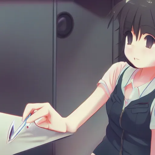 Prompt: a cute anime girl tampering with evidence. Key Frame, Top rated on pixiv, Makoto Shinkai, Inc. , High detail