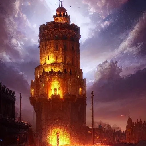 Image similar to torre del oro, atmospheric lighting, intricate, volumetric lighting, beautiful, sharp focus, ultra detailed, in the art style of marc simonetti, bowater charlie and brom gerald, astrophotography