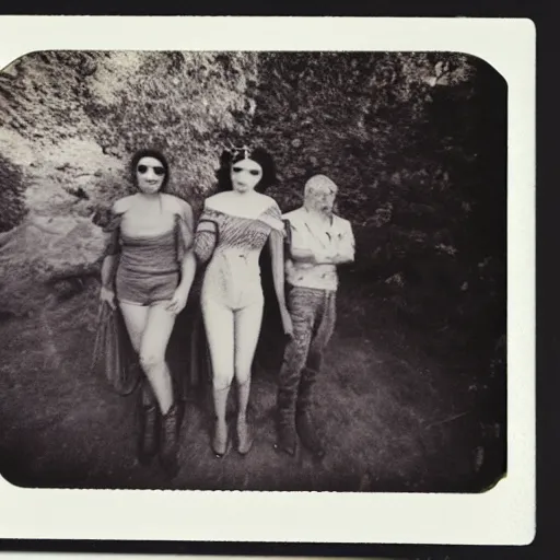 Image similar to really old polaroid photograph of horrorific extraterrestrial beings visiting earth,