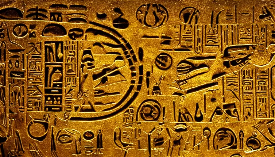 Image similar to hieroglyphs showing ufos alien planets, gold plate render, various refining techniques, micro macro auto focus, top photography photo art gallery, realistic photo, insane detail