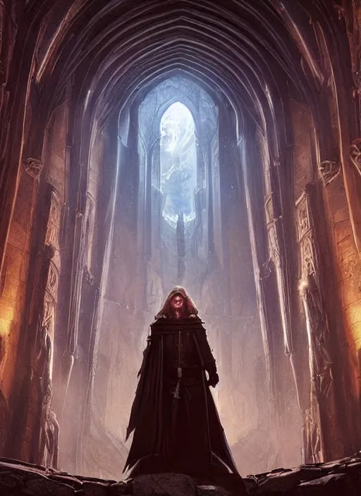Image similar to a medieval adventurer inside an enormous alien cathedral,, lord of the rings, portal to another dimension, cinematic lighting, highly detailed, sharp focus, perfect composition, 4 k, artgerm, derek zabrocki, greg rutkowski