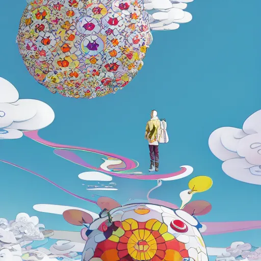 Image similar to a man walking on clouds away from the camera above kyoto by takashi murakami, beeple and james jean, aya takano color style, 4 k, super detailed, modern, 4 k, symmetrical