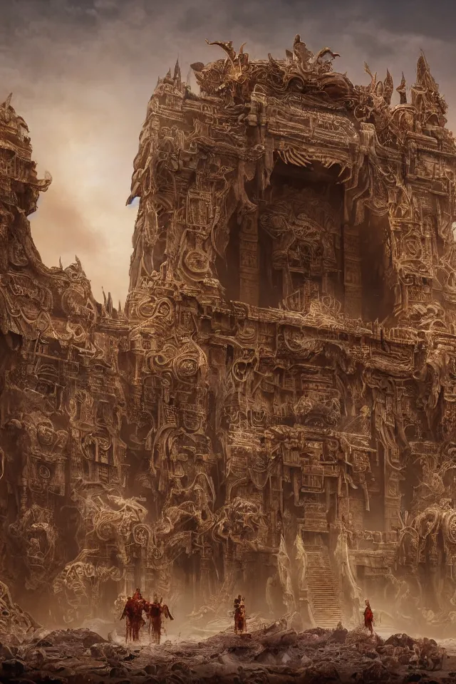 Prompt: a stunning interpretation of a cinematic image hyper realistic futuristic desert temple, , 4k, cinematic, matte painting, octane render, dramatic lighting, highly detailed and intricate, golden ratio, hypermaximalist, ornate, luxury, elite, horror, creepy, ominous, haunting, matte painting, cinematic, cgsociety, James jean, Brian froud, ross tran, ruan jia, beautiful lighting, in-frame , in-focus, earth-tones colors , pastel colors inspired by Peter Mohrbacher and Hell Painter | Rendered in Nvidia's Omniverse , 4k post-processing highly detailed sculpture