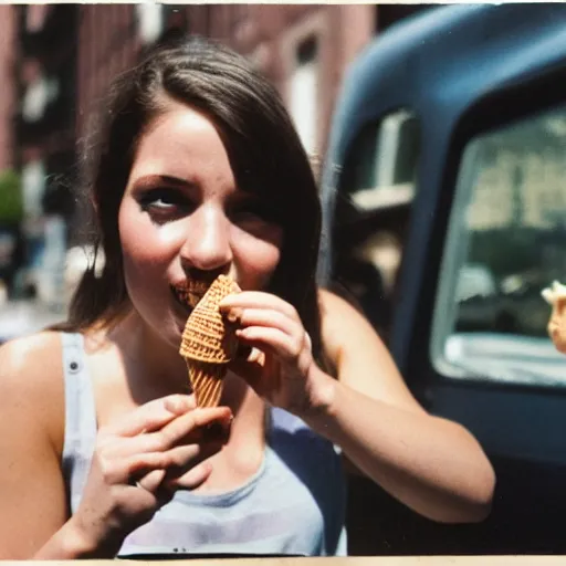 Image similar to a film photo of a young brunette woman, 26, eating ice cream cone on a hot summer's day in New York City