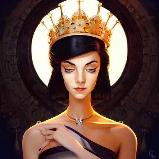 Image similar to face icon stylized minimalist a beautiful black haired woman with pale skin and a crown on her head sitted on an intricate metal throne, loftis, cory behance hd by jesper ejsing, by rhads, makoto shinkai and lois van baarle, ilya kuvshinov, rossdraws global illumination,