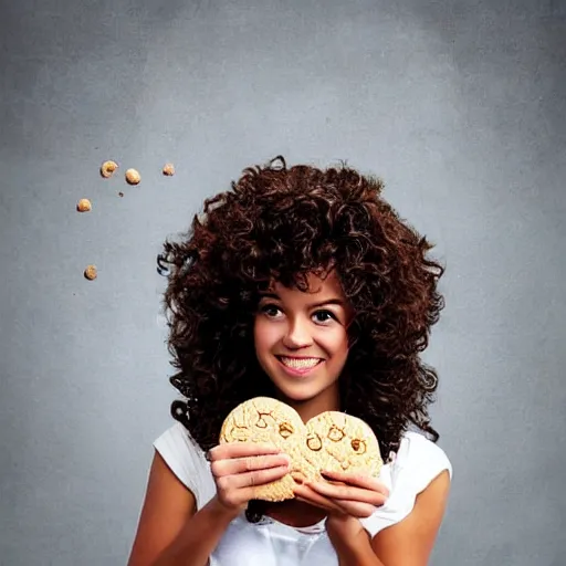 Prompt: the cutest curly haired young woman with a cookie face