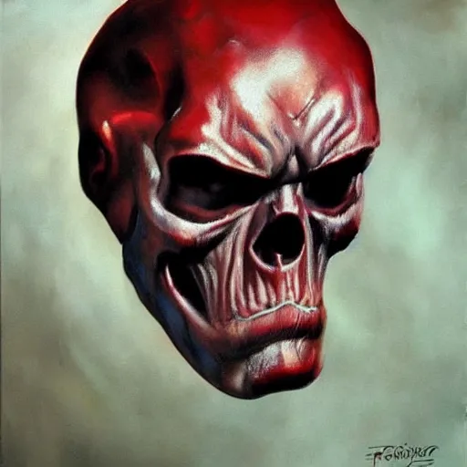 Image similar to ultra realistic portrait painting of red skull, art by frank frazetta, 4 k, ultra realistic, highly detailed, epic lighting