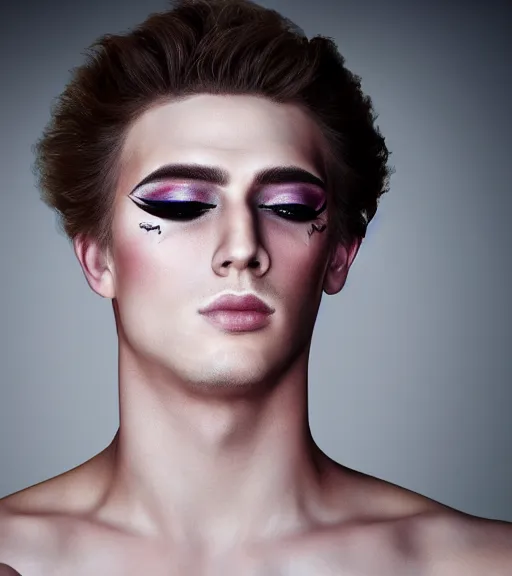 Image similar to beautiful realistic portrait of a beautiful young gay man with makeup, 4 k