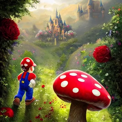 Prompt: portrait of Mario, running up a hill of exotic flowers in the Mushroom Kingdom, giant red and white spotted mushrooms, and roses, from behind, Castle in distance, birds in the sky, sunlight and rays of light shining through trees, beautiful, solarpunk!!!, highly detailed, digital painting by Michael Garmash and Peter Mohrbacher