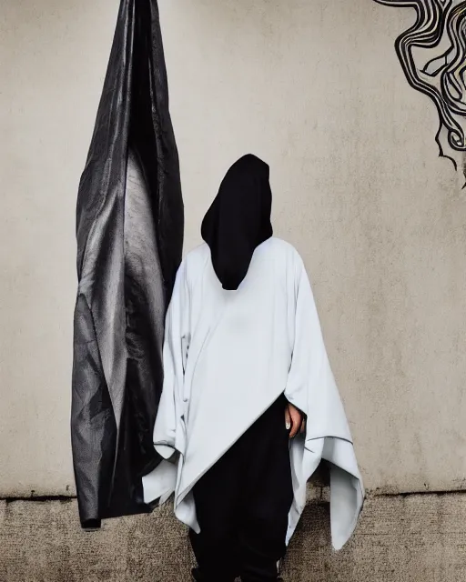 Image similar to Yeezy designed Kimono, model, studio photography, clothing drop, unreleased, Yzy, YZY GAP, Balenciaga, minimalist, dystopian feel