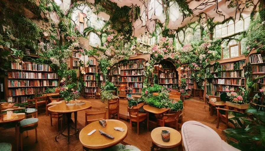 Prompt: Dreamy photo of a very very cozy bookstore cafe that is nestled into the lush PNW woods, lush plants and flowers, sleepy feeling, magical feeling, hazy, film grain, muted color palette, castles and temple details, ornaments, in the style of Gucci, photographed by Petra Collins and Wes Anderson, magic details, 8k, trending on artstation, very detailed