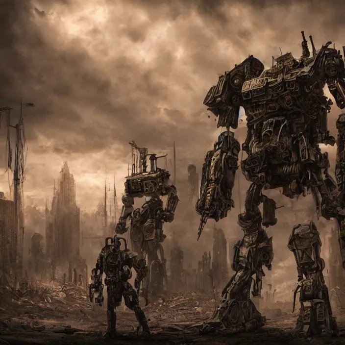 Image similar to gritty apocalyptic scene of human standing next to mech, hyper - detailed, sharp focus, 4 k ultra hd, fantasy dark art, apocalyptic art