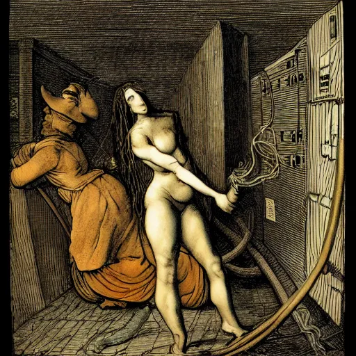 Prompt: placid, melancholic craquelure, chiaroscuro by alison bechdel, by george cruikshank, by leonardo da vinci. a illustration of woman entangled in the pipes and cables in a datacenter with computers in smoke