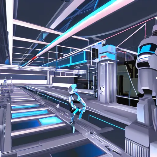 Prompt: robot factory, futuristic, mirror's edge, highly detailed, cold colors