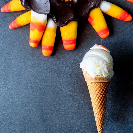 Image similar to a detailed photograph of an ice cream cone studded with candy corn like a medieval mace.