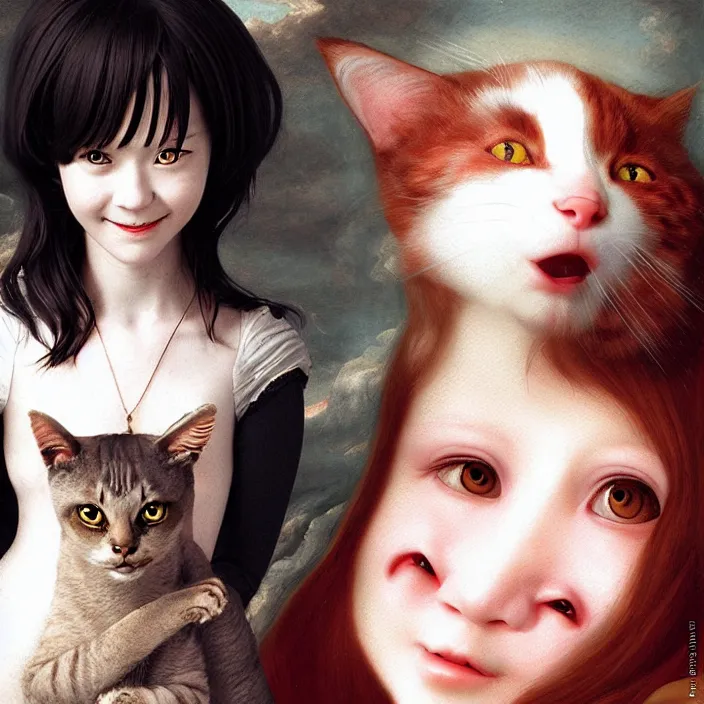 Image similar to renaissance portrait of the mischievous vampire girl loner smiling at her cat, by katsuhiro otomo, and artgerm rendered with 3 d effect.