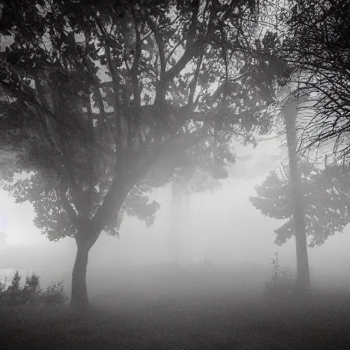 Image similar to poor neighborhood, overgrown, photo taken from a porch, fog rolling along the ground, ethereal, police lights shining off camera