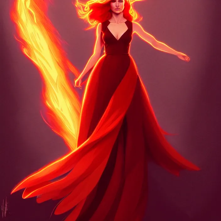 Image similar to style artgerm, joshua middleton, beautiful kristen bell with dark red dress, very long orange hair, symmetrical face, symmetrical eyes, fire powers fire swirling, detailed, volcano setting, [ potato ] cinematic lighting