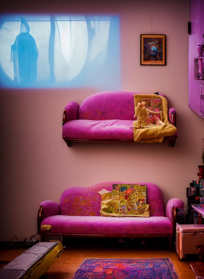 Image similar to telephoto 7 0 mm f / 2. 8 iso 2 0 0 photograph depicting the feeling of chrysalism in a cosy safe cluttered french sci - fi ( art nouveau ) cyberpunk apartment in a pastel dreamstate art cinema style. ( sofa ) ( ( fish tank ) ), ambient light.