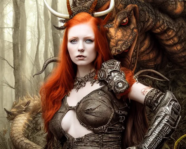 Image similar to 5 5 mm portrait photo of an armored gorgeous anesthetic redhead woman warrior with a face tattoo and horns growing from her head, and small dragon sitting on her shoulder in a magical forest in the style of stefan kostic, art by luis royo. highly detailed 8 k. intricate. lifelike. soft light. nikon d 8 5 0. cinematic post - processing