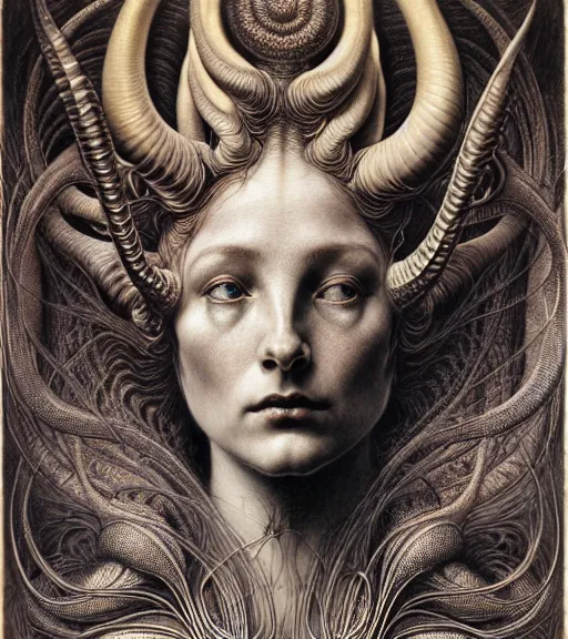 Image similar to detailed realistic beautiful horned goddess face portrait by jean delville, gustave dore, iris van herpen and marco mazzoni, art forms of nature by ernst haeckel, art nouveau, symbolist, visionary, gothic, neo - gothic, pre - raphaelite, fractal lace, intricate alien botanicals, biodiversity, surreality, hyperdetailed ultrasharp octane render