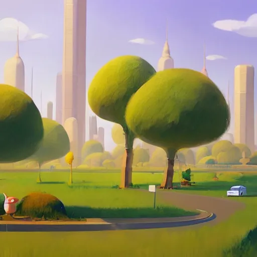 Image similar to goro fujita ilustration distant view of a city with green areas, parks and roads, painting by goro fujita, sharp focus, highly detailed, artstation