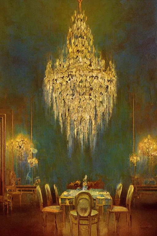 Prompt: 1920s decorated surrealist ballroom casts long exaggerated shadows, crystalline light rays refract dust, impressionst oil painting on wood, big impressionist oil paint strokes, decadent interior dinning room with centered grand crystal chandelier, symmetric 1930s dimly lit art deco interior concept art by Ivan Aivazovsky, ukiyo-e print, japanese woodblock