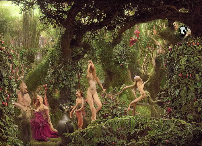 Prompt: jim henson's labyrinth. hedge maze. lush orchard, with strange fruit trees. fairies fight with hummingbirds for nectar. edgar maxence and caravaggio and michael whelan and delacroix style, artistic, intricate painting, cinematic lighting, hyper realistic, extremely detailed, vivid colors, establishing shot, dramatic lighting