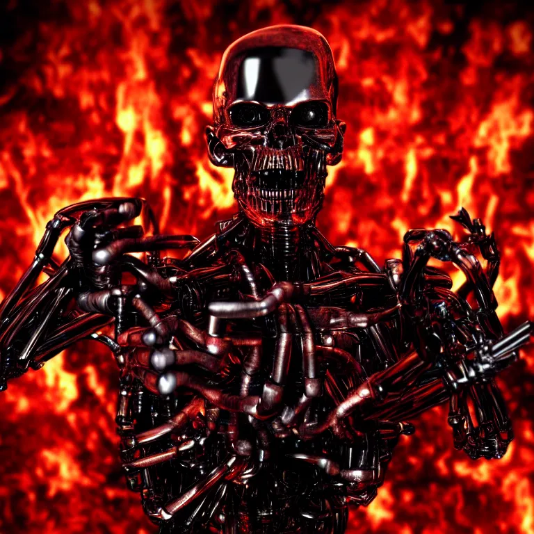 Image similar to terminator endoskeleton with red glowing eyes and fire behind it, movie still, chrome, shiny, reflective, metallic, 3 d render, realistic, hdr, stan winston studios, dramatic lighting, flame colors bright, ultra realistic