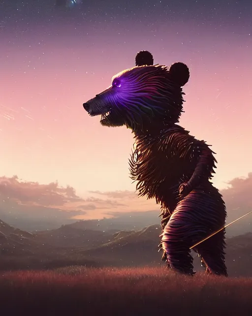 Image similar to highly detailed surreal vfx portrait of a metallic chromatic samurai bear in front of planets filled sky, stephen bliss, unreal engine, greg rutkowski, loish, rhads, beeple, makoto shinkai and lois van baarle, ilya kuvshinov, rossdraws, tom bagshaw, alphonse mucha, global illumination, detailed and intricate environment