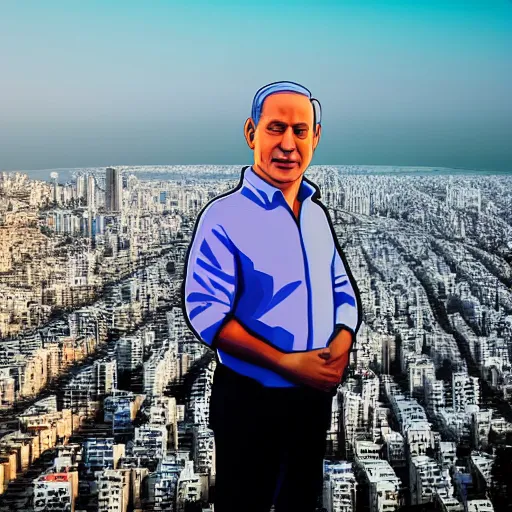 Image similar to portrait of Benjamin Netanyahu, Tel-Aviv skyline background, rich vivid colors, ambient lighting, dynamic lighting, 4k, HQ, official media, detailed, trending on artstation