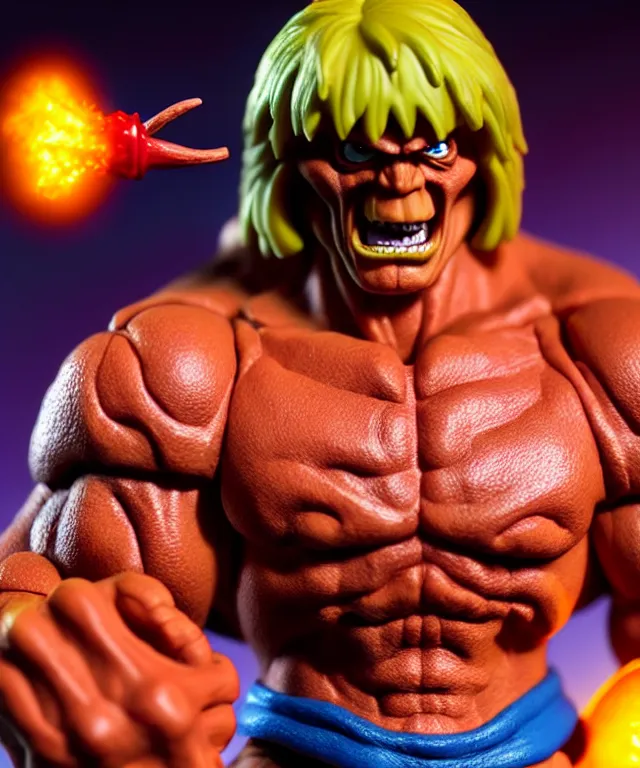 Prompt: hyperrealistic rendering, he - man by art of skinner and richard corben and jeff easley, product photography, action figure, sofubi, studio lighting, colored gels