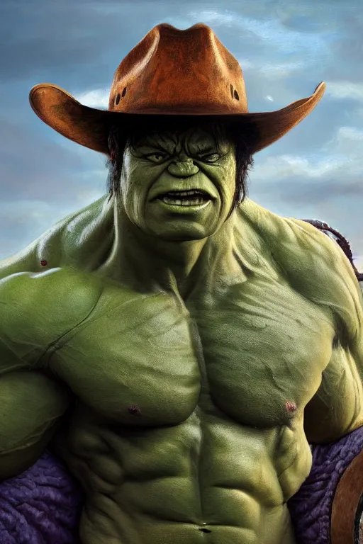 Film Still of Hulk wearing a cowboy hat, oil on | Stable Diffusion