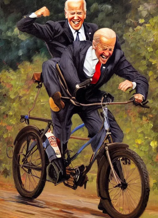 Prompt: joe biden falling off his bicycle, pulp art oil painting by mort kunstler and wilson mclean, intricate, hyper detailed, 4 k, hd, award winning, photorealistic