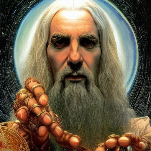 Prompt: majestic Saruman the wise white shimmer wizard gazing at dark Palantir crystal ball by Mark Brooks, Donato Giancola, Victor Nizovtsev, Scarlett Hooft, Graafland, Chris Moore