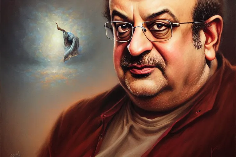 Prompt: poster portrait of salman rushdie. oil painting elegant, highly detailed, centered, digital painting, artstation, bollywood, india, concept art, smooth, sharp focus, illustration, artgerm, tomasz alen kopera, peter mohrbacher, donato giancola, joseph christian leyendecker drew struzan