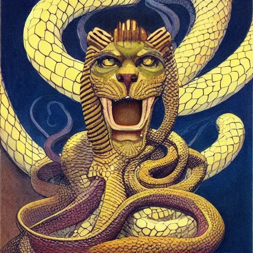 Prompt: demiurge serpent serpent python wearing a lion costume furry ears neck neck tall long viper tombow peter doig greg rutkowski giorgio de chirico arsen savadov dan witz vik muniz