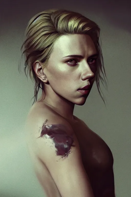 Image similar to a fancy portrait of Scarlett Johansson with scars on her back by Greg Rutkowski, Sung Choi, Mitchell Mohrhauser, Maciej Kuciara, Johnson Ting, Maxim Verehin, Peter Konig, final fantasy , mythical, 8k photorealistic, cinematic lighting, HD, high details, atmospheric,