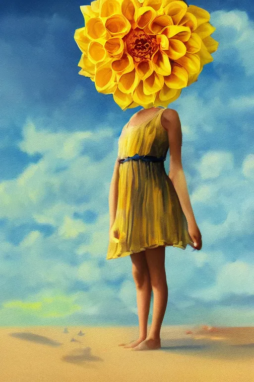 Image similar to closeup girl with huge yellow dahlia flower face, on a beach, surreal photography, blue sky, sunrise, dramatic light, impressionist painting, digital painting, artstation, simon stalenhag