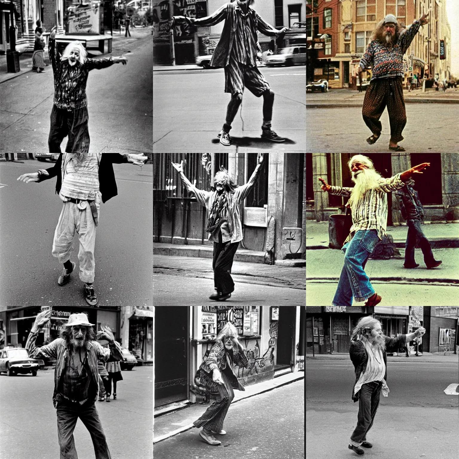 Prompt: portrait of old hippie dancing in the street, highly detailed photo by helen levitt